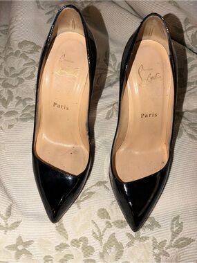 Christian Louboutin Black Patent Pointed-Toe Pumps with Nude Insole